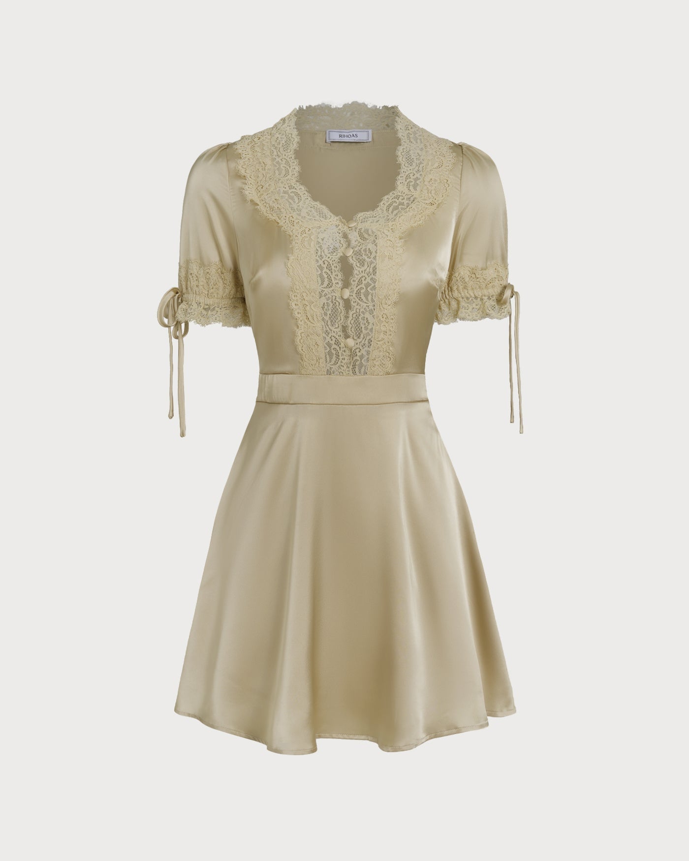 Vestido Mini de Satén con Encaje y Escote en V Color Albaricoque