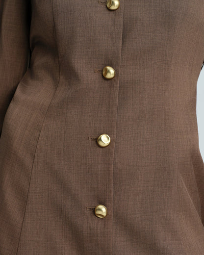 Vestido Mini con Botón y Corbata Marrón
