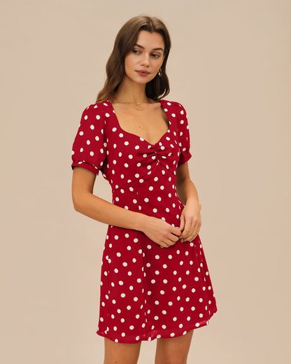 Vestido Mini de Lunares con Mangas Abullonadas Rojas