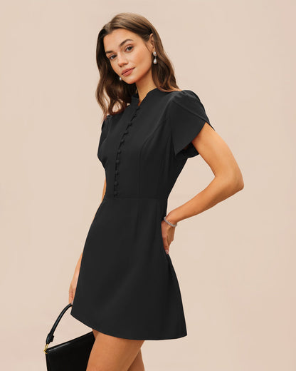 Vestido Mini de Manga Petalo con Cuello Chino Negro
