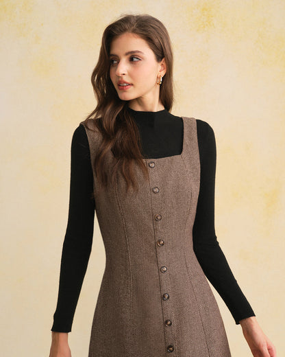 Vestido Mini Sin Mangas con Escote Cuadrado Marrón