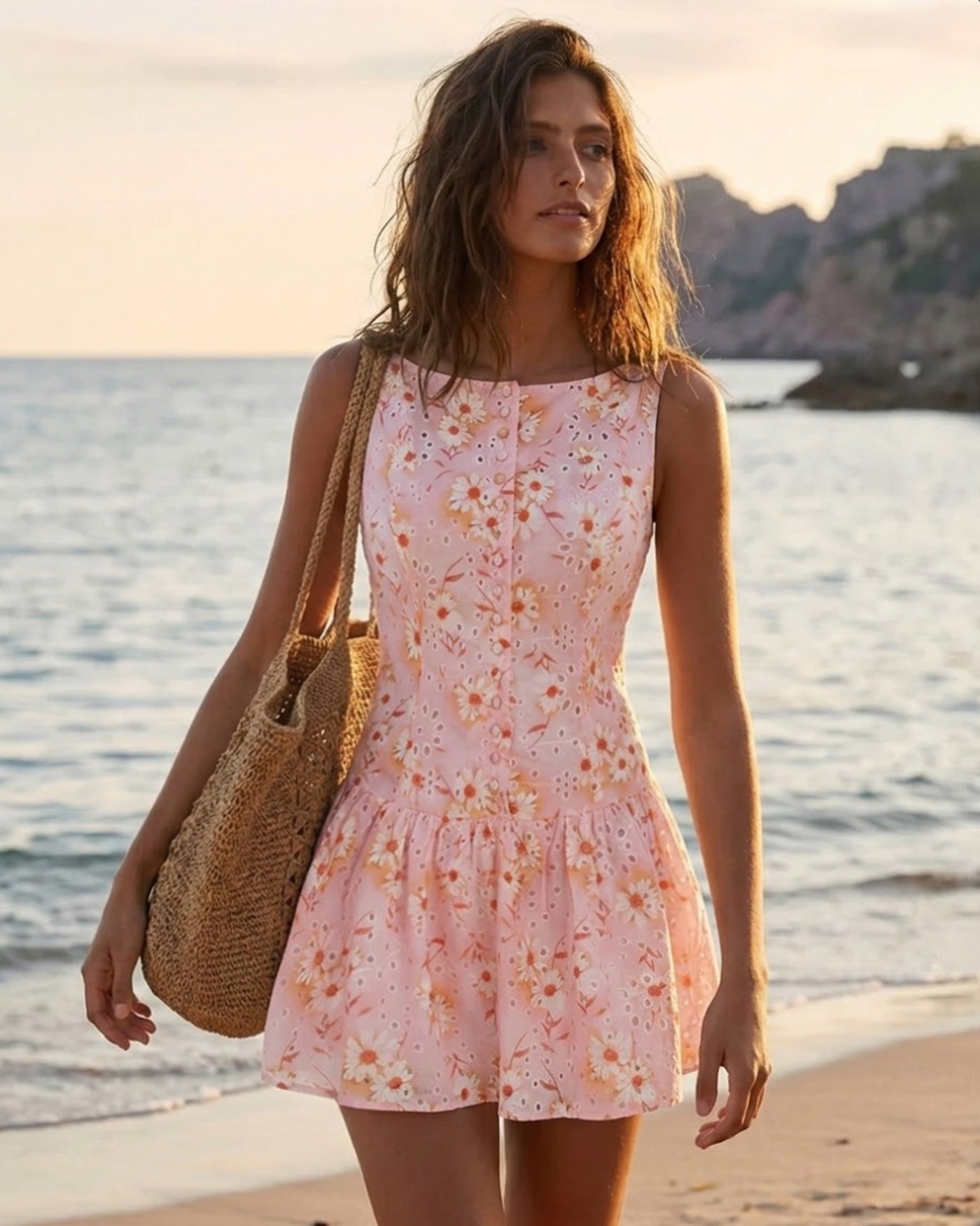 Vestido Mini Floral con Cuello Barco