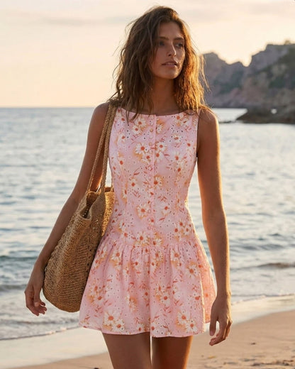 Vestido Mini Floral con Cuello Barco