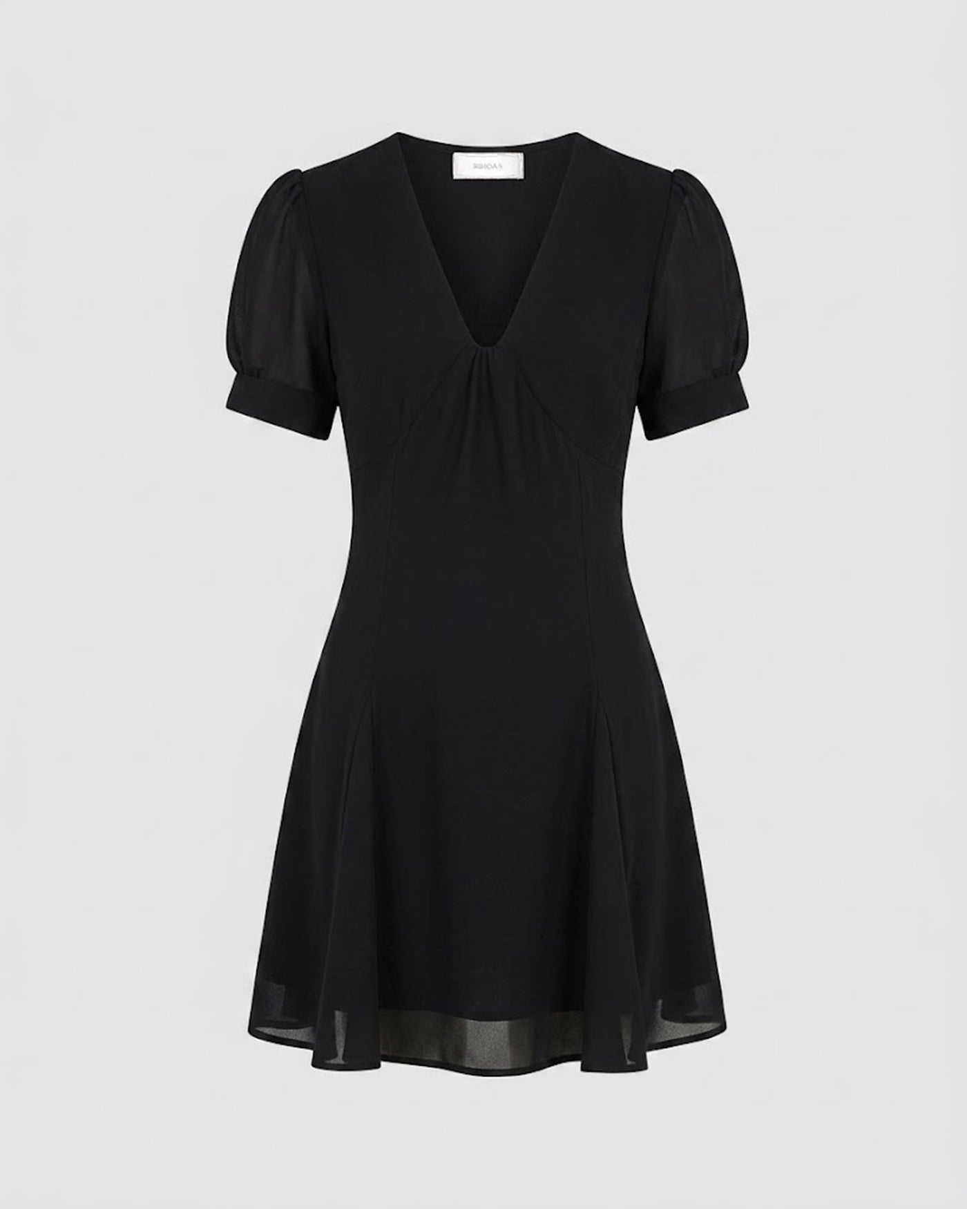 Vestido Mini de Manga Abullonada con Escote en V Negro