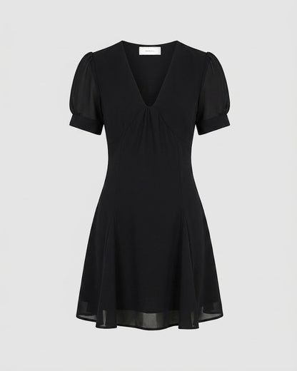 Vestido Mini de Manga Abullonada con Escote en V Negro