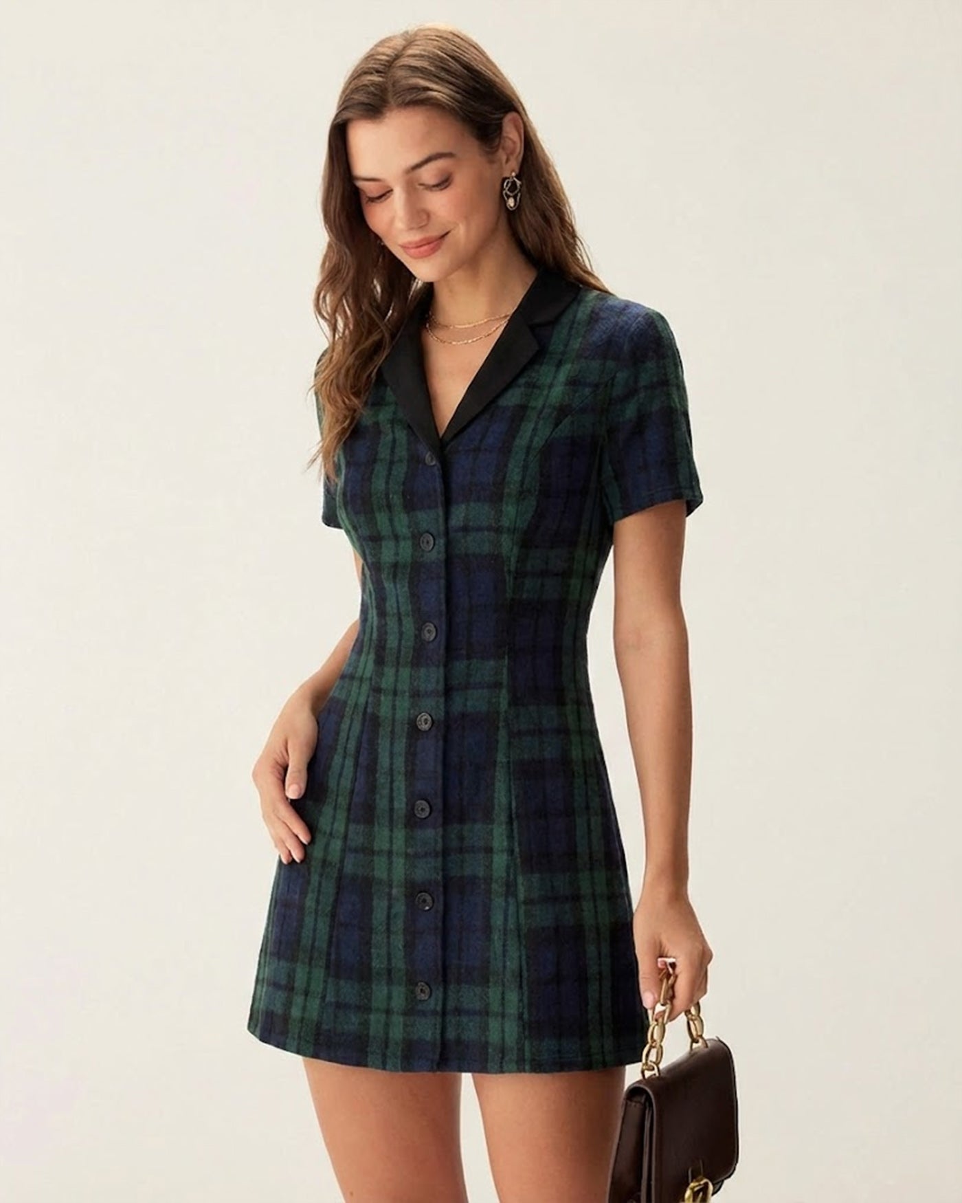 Vestido Mini de Cuello a Cuadros Verde