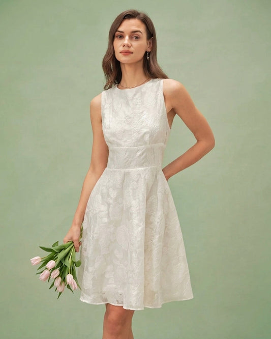 Vestido Mini Jacquard de Cuello Redondo Blanco