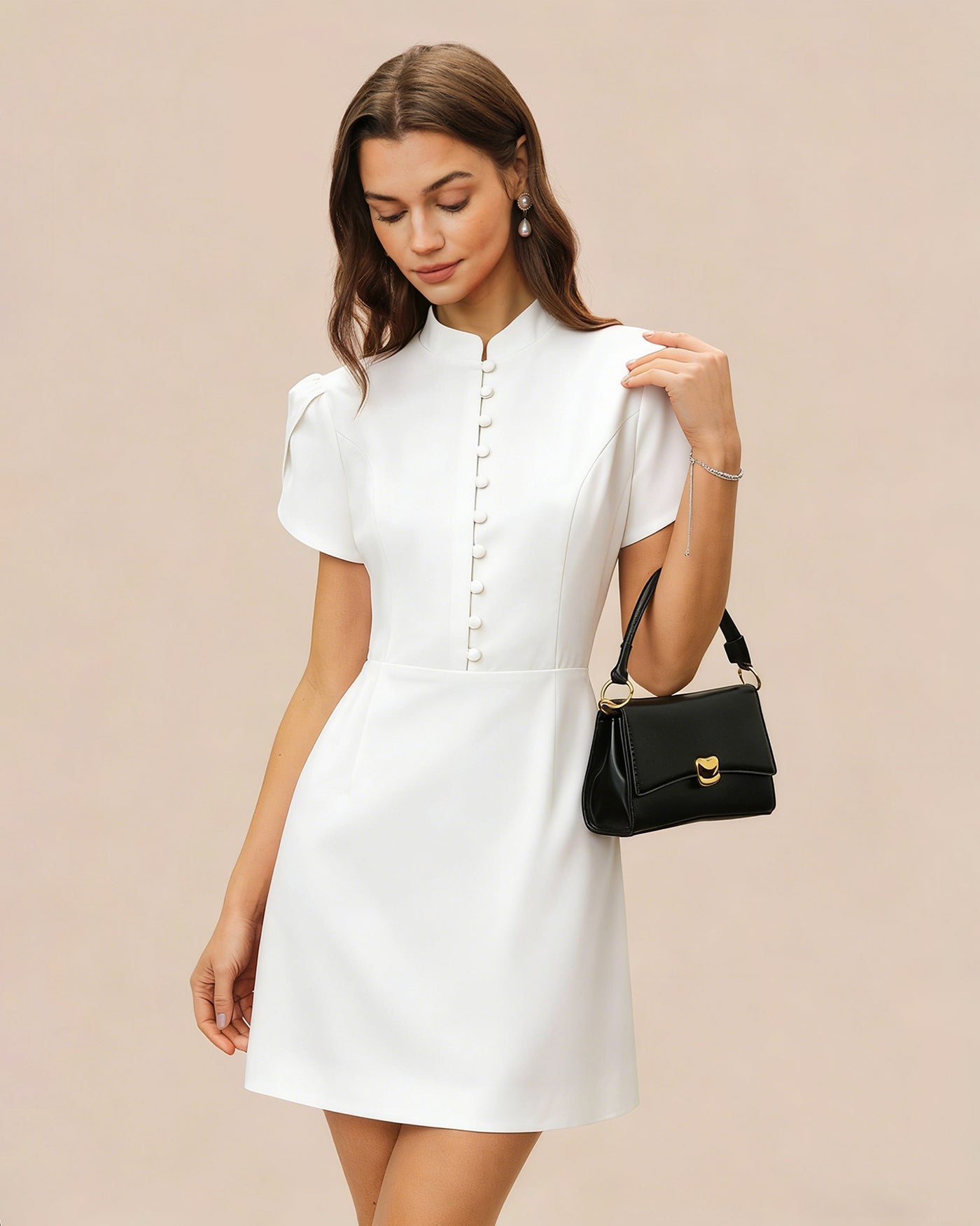Vestido Mini de Botón con Cuello Mandarín Blanco