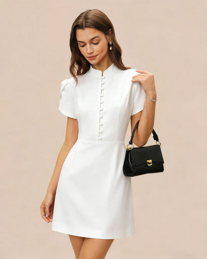Vestido Mini de Botón con Cuello Mandarín Blanco