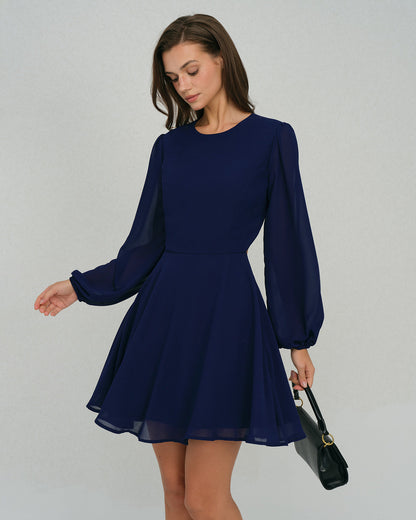 Vestido Mini A-Line de Chifón Azul Sin Espalda