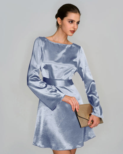 Vestido Mini de Satén con Cuello Barco Azul