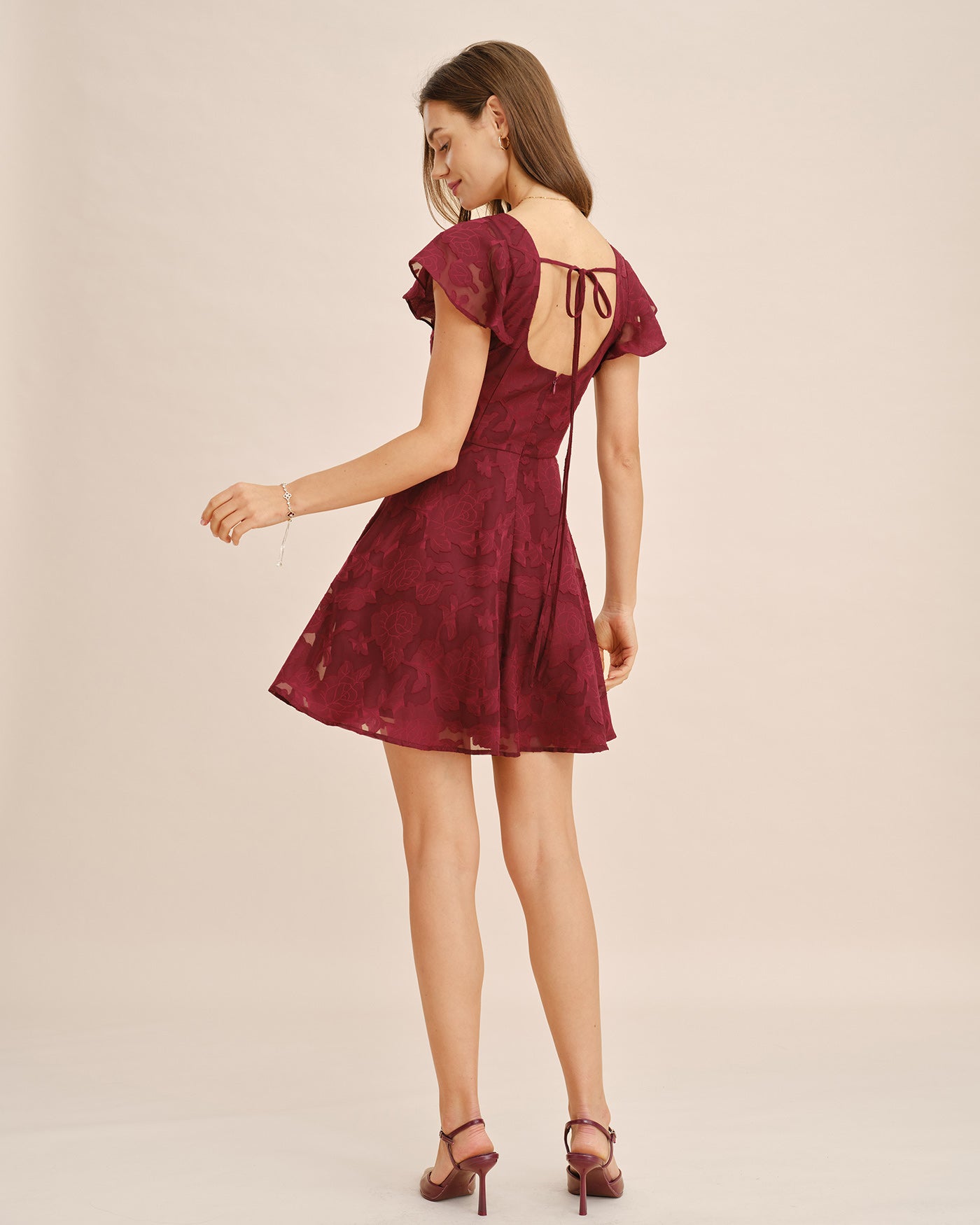 Vestido Mini Jacquard de Cuello Cuadrado Color Rojo Vino