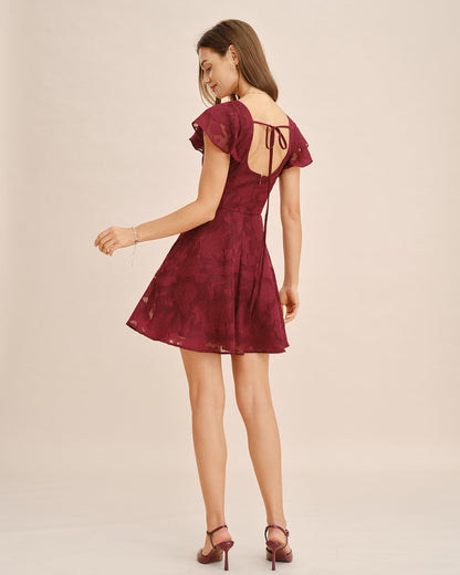 Vestido Mini Jacquard de Cuello Cuadrado Color Rojo Vino
