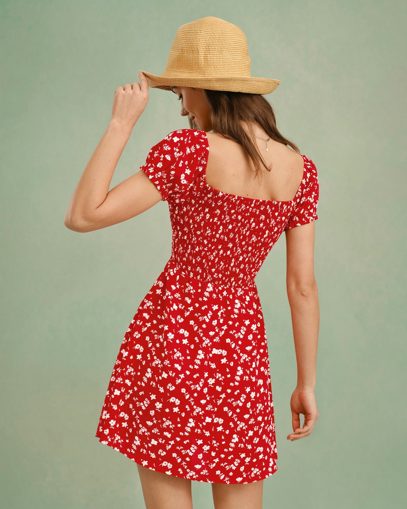 Vestido Mini Floral de Cuello Cuadrado Rojo