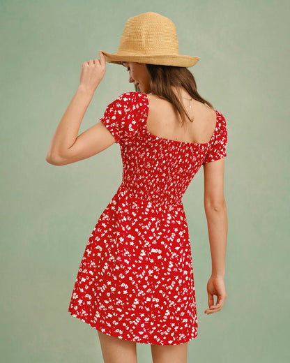 Vestido Mini Floral de Cuello Cuadrado Rojo