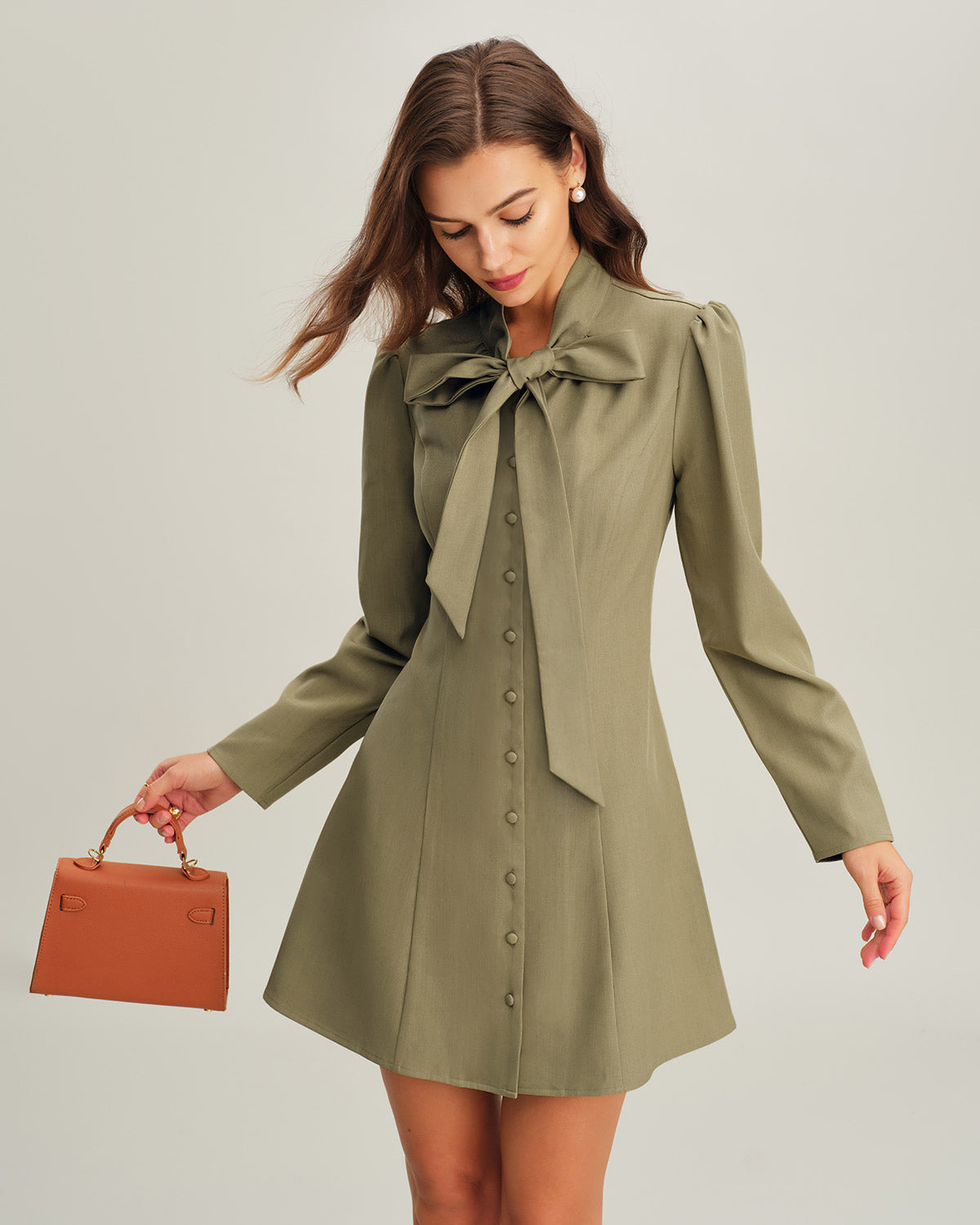 Vestido Mini A-Line con Cuello de Corbata Verde