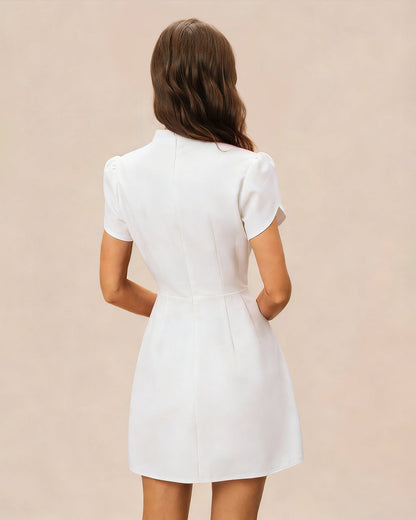 Vestido Mini de Botón con Cuello Mandarín Blanco