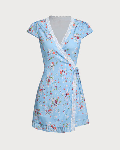Vestido Mini Envoltura A-Line Floral Azul