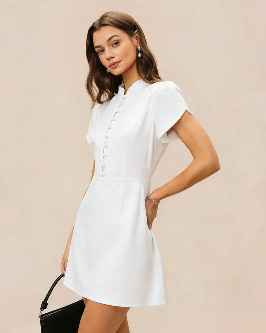 Vestido Mini de Botón con Cuello Mandarín Blanco