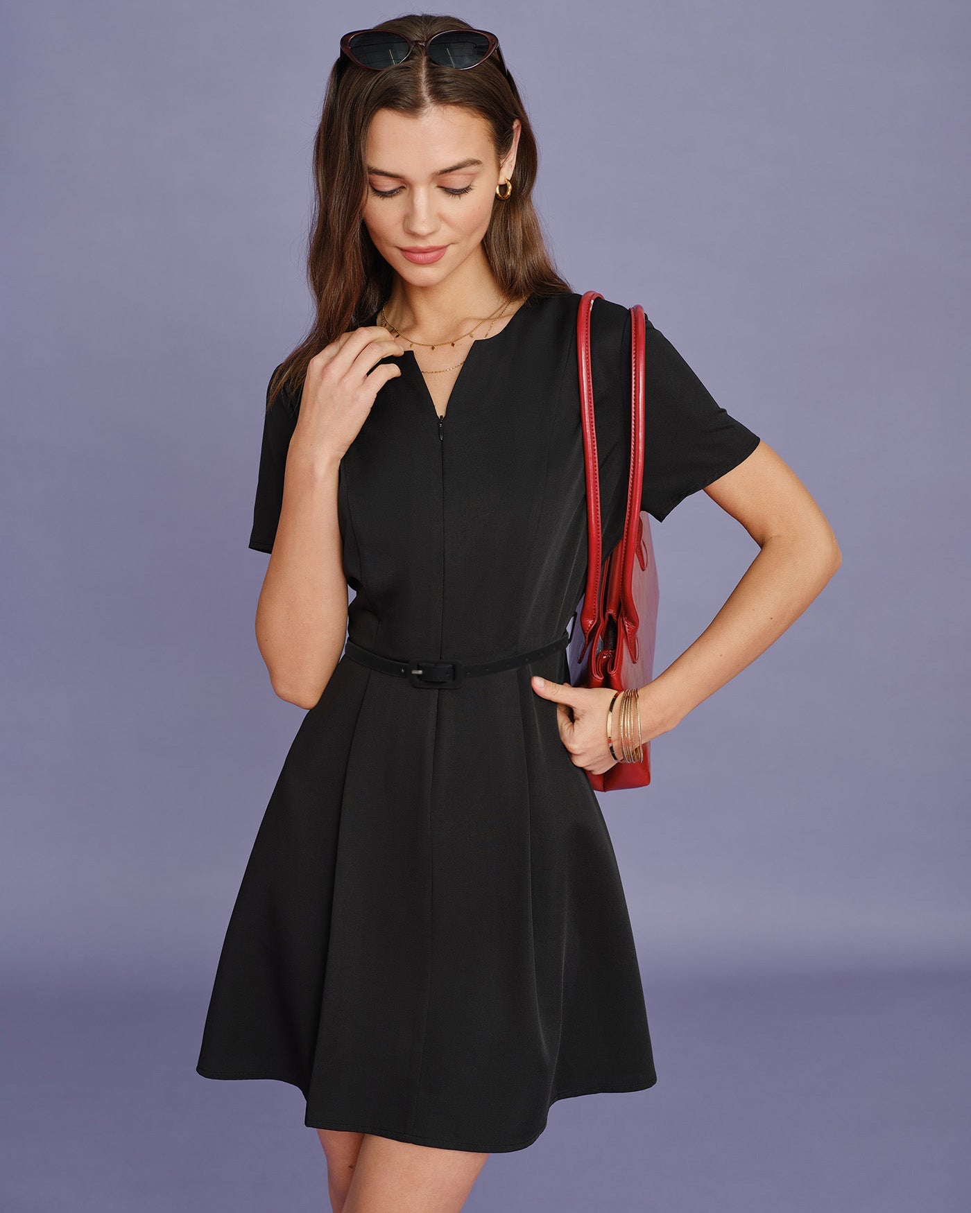 Vestido Mini Fruncido Cinturón Negro