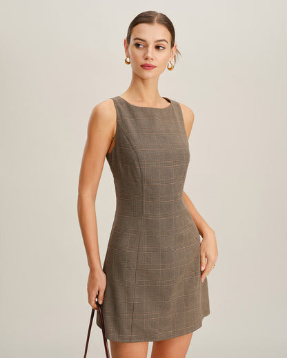Vestido Mini Sin Mangas a Cuadros Marrón