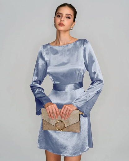 Vestido Mini de Satén con Cuello Barco Azul