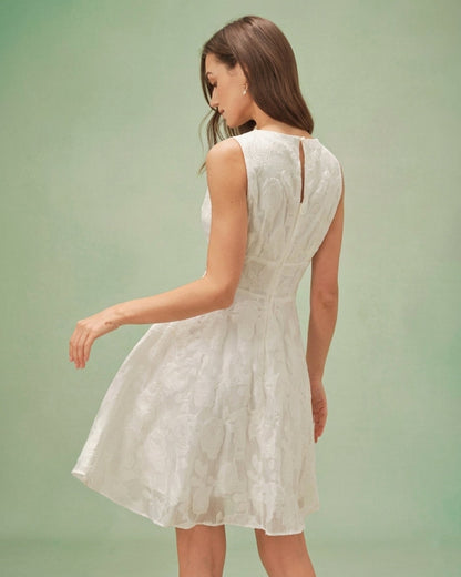 Vestido Mini Jacquard de Cuello Redondo Blanco