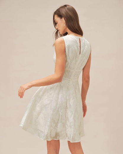 Vestido Mini Jacquard de Cuello Redondo Blanco