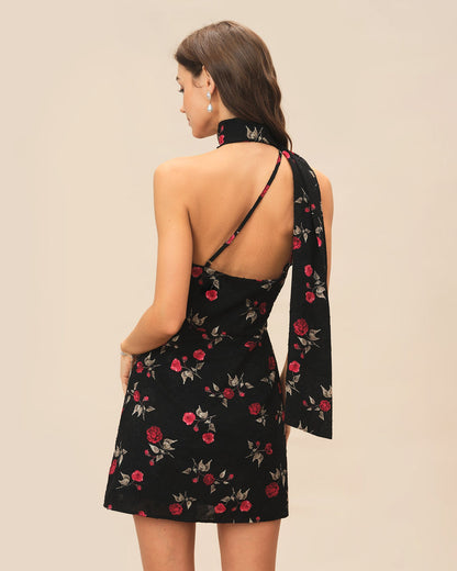 Vestido Mini Jacquard Negro de Un Hombro
