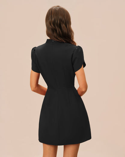 Vestido Mini de Manga Petalo con Cuello Chino Negro