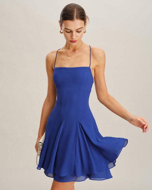 Vestido Mini Sin Espalda de Chifón Azul