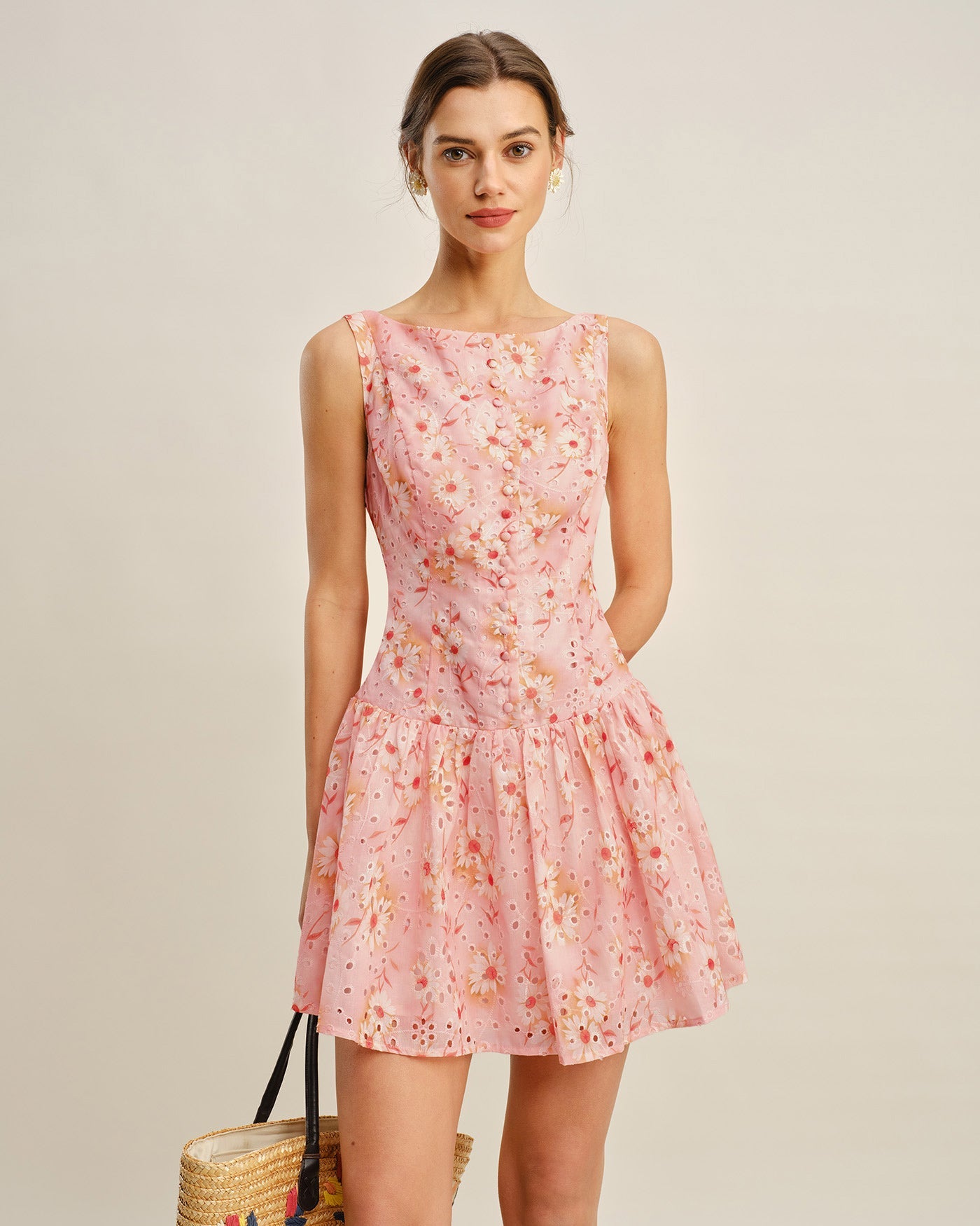 Vestido Mini Floral con Cuello Barco