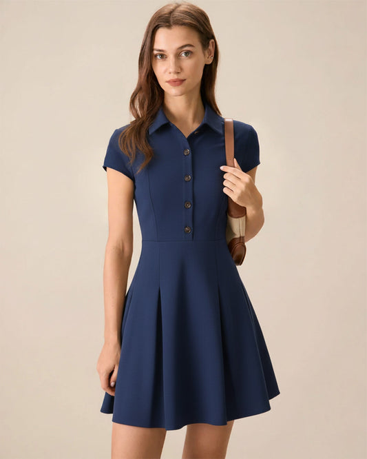 Vestido Mini con Botón en el Cuello Marino