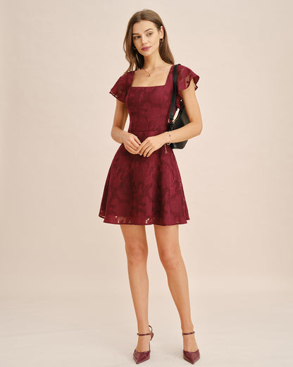 Vestido Mini Jacquard de Cuello Cuadrado Color Rojo Vino