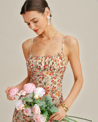 Vestido Mini Slip Floral con Fruncidos