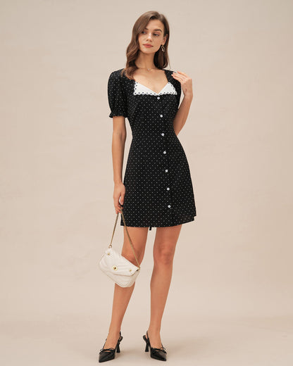 Vestido Mini de Lunares Negro con Escote en V