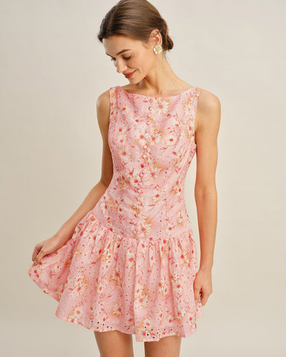 Vestido Mini Floral con Cuello Barco