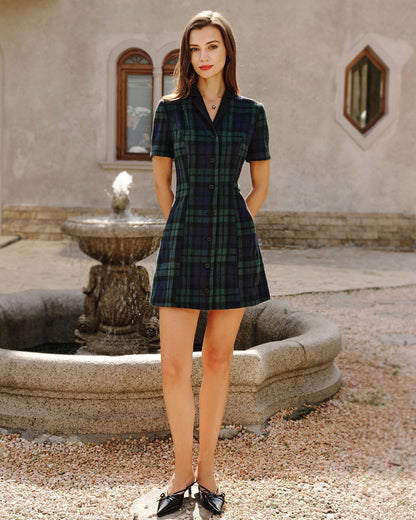 Vestido Mini de Cuello a Cuadros Verde