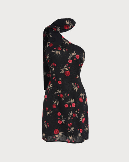 Vestido Mini Jacquard Negro de Un Hombro