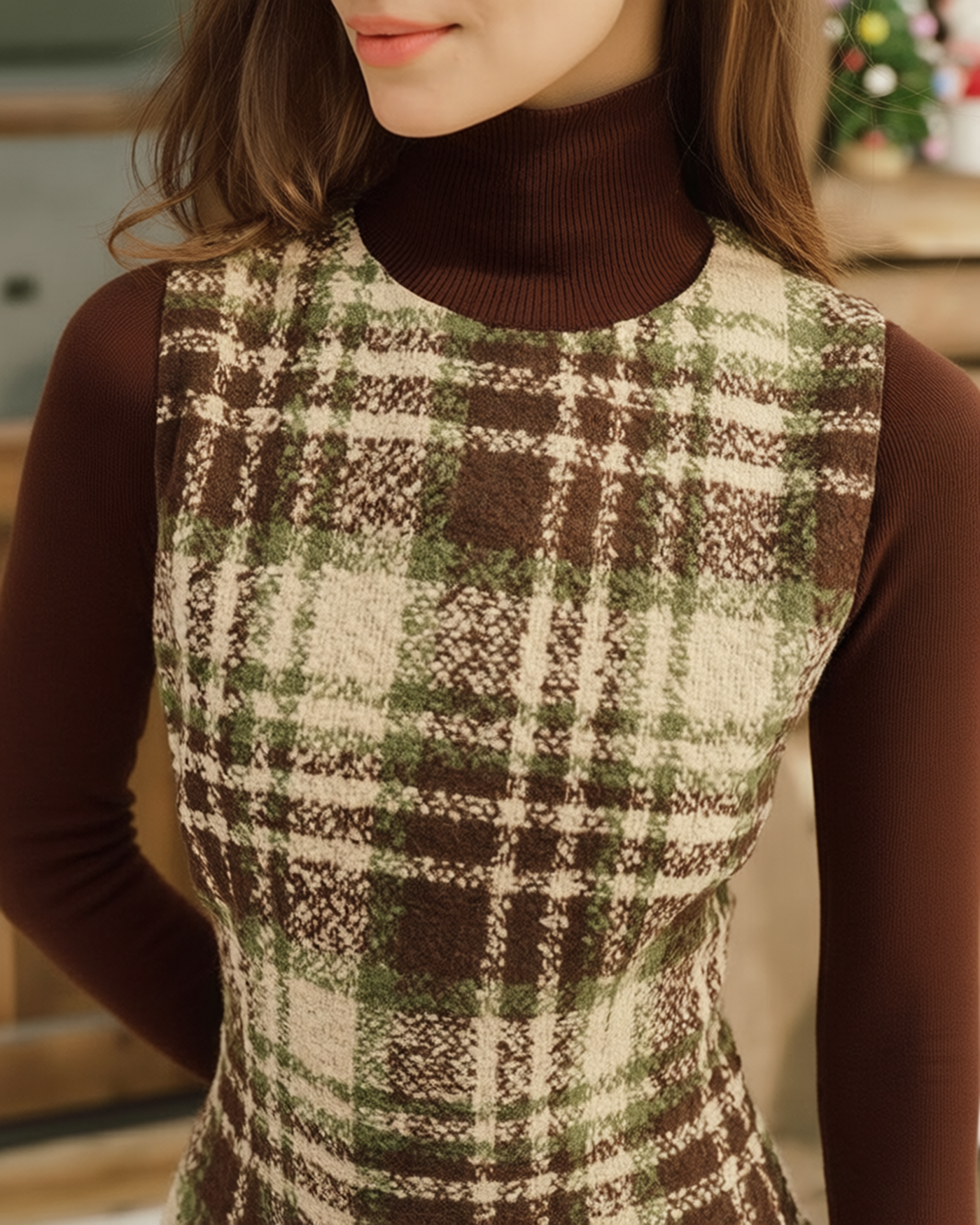 Vestido Mini Sin Mangas de Cuadros con Cuello Redondo