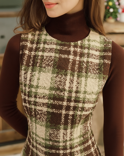 Vestido Mini Sin Mangas de Cuadros con Cuello Redondo