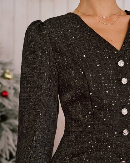 Vestido Mini de Lentejuelas con Escote en V Negro