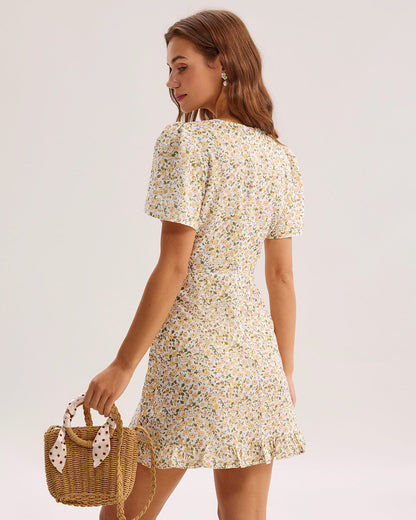 Vestido Mini Amarillo Floral con Escote en V