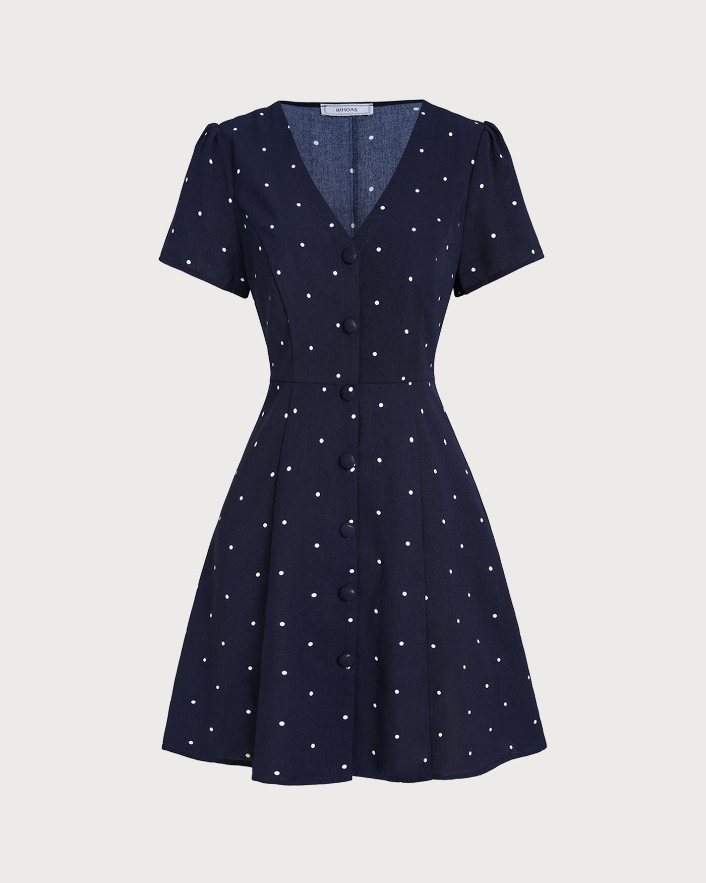 Vestido Mini de Botones con Cuello en V y Lunares Azules
