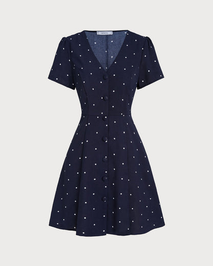 Vestido Mini de Botones con Cuello en V y Lunares Azules