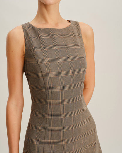Vestido Mini Sin Mangas a Cuadros Marrón