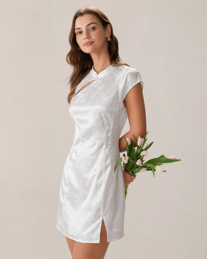 Vestido Mini Jacquard con Cuello Mandarín Blanco