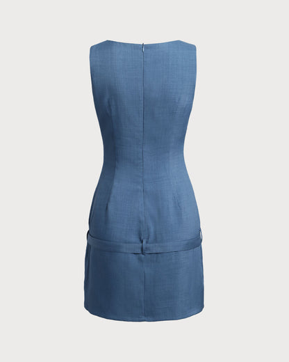Vestido Mini Azul con Cuello Barco y Cinturón