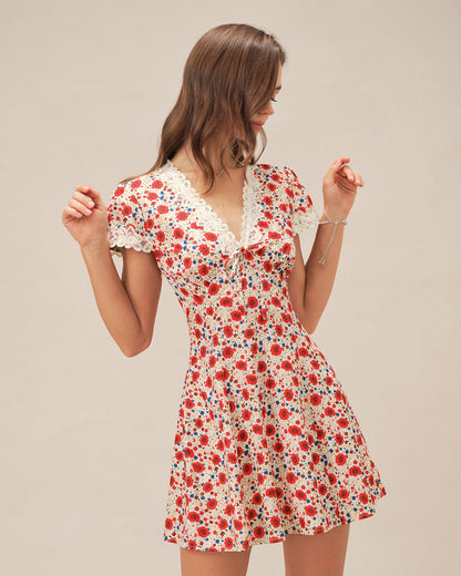 Vestido Mini de Encaje Floral con Cuello en V Rojo