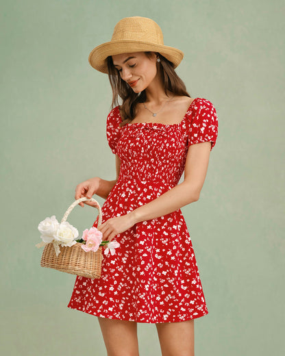 Vestido Mini Floral de Cuello Cuadrado Rojo